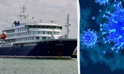 Split image: left panel shows a large white-and-navy cruise ship docked at a harbor; right panel shows blue coronavirus particles against a dark blue background; a curved white divider separates the panels.