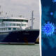 Split image: left panel shows a large white-and-navy cruise ship docked at a harbor; right panel shows blue coronavirus particles against a dark blue background; a curved white divider separates the panels.