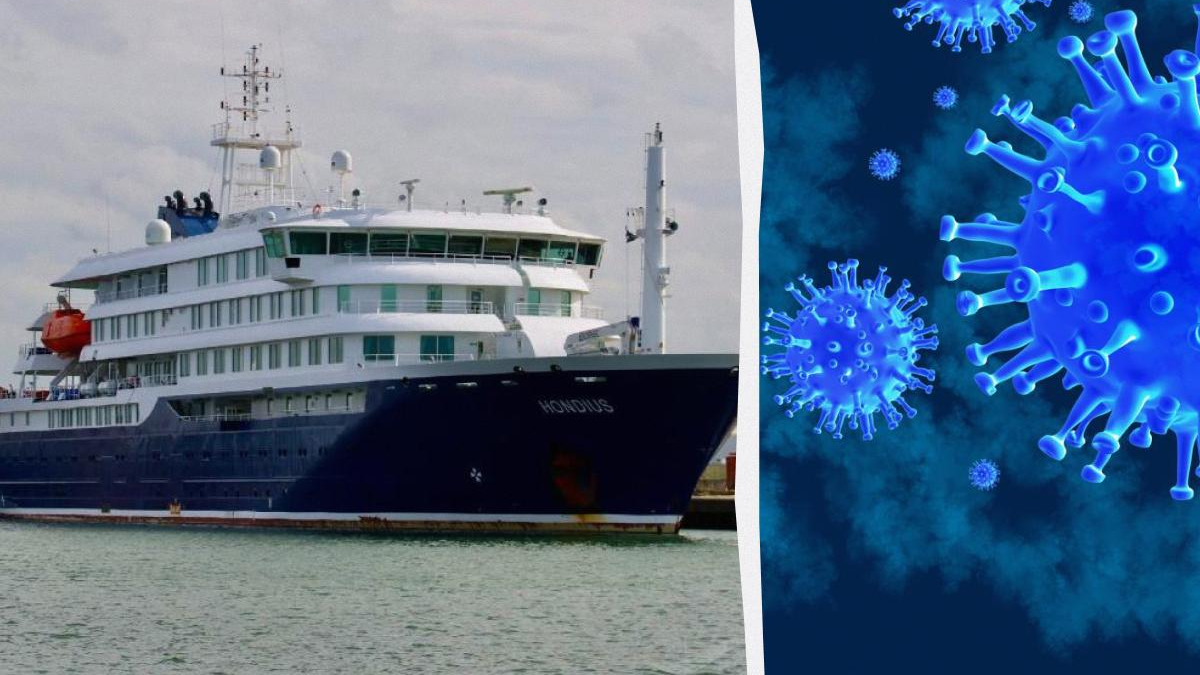 Split image: left panel shows a large white-and-navy cruise ship docked at a harbor; right panel shows blue coronavirus particles against a dark blue background; a curved white divider separates the panels.