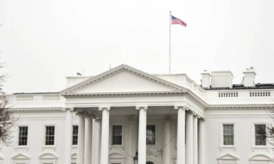 White House facade with tall columns and a flagpole flag flying above the roofline, bright white exterior.