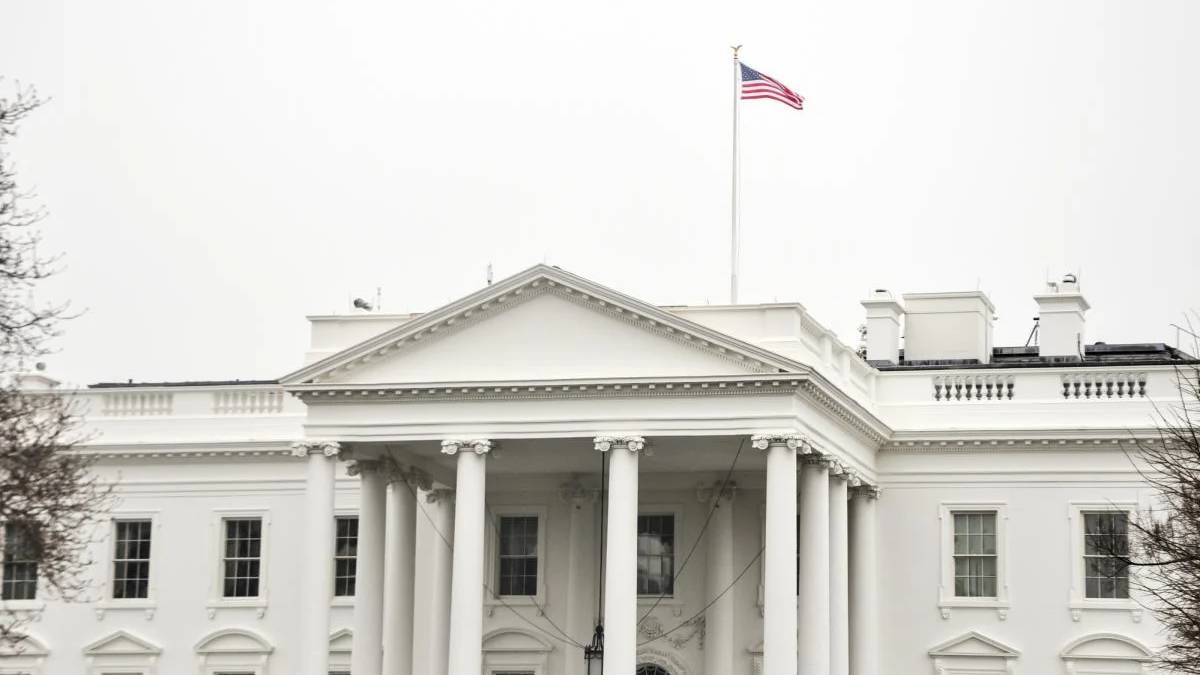White House facade with tall columns and a flagpole flag flying above the roofline, bright white exterior.
