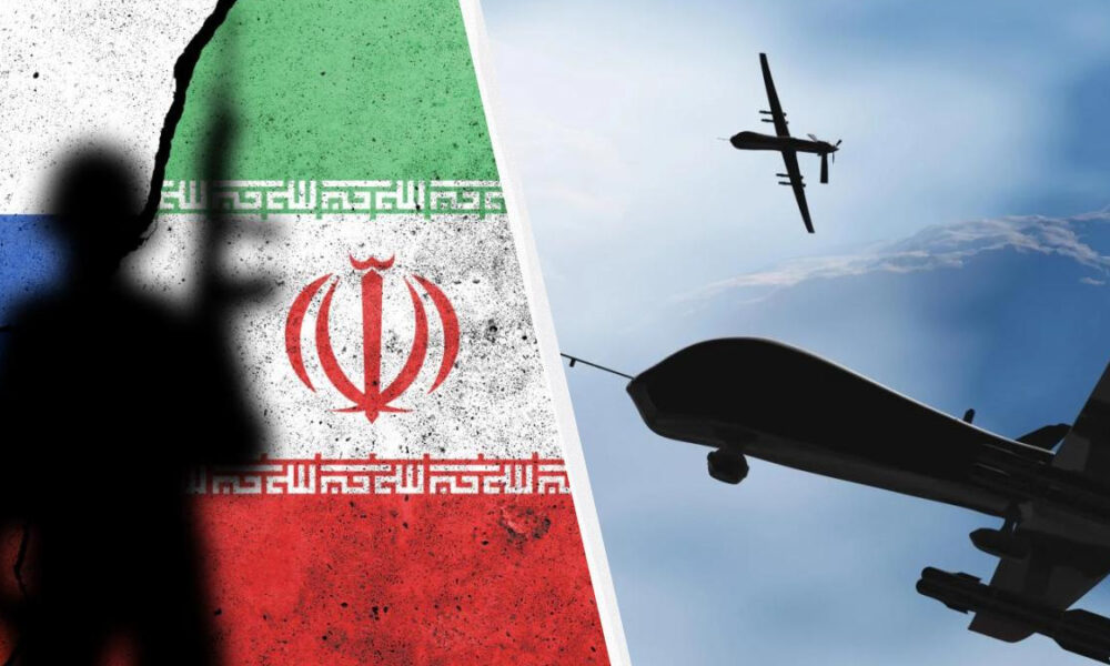 Silhouette of a person with a raised weapon in front of an Iranian flag, with military planes in the blue sky on the right.