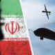 Silhouette of a person with a raised weapon in front of an Iranian flag, with military planes in the blue sky on the right.