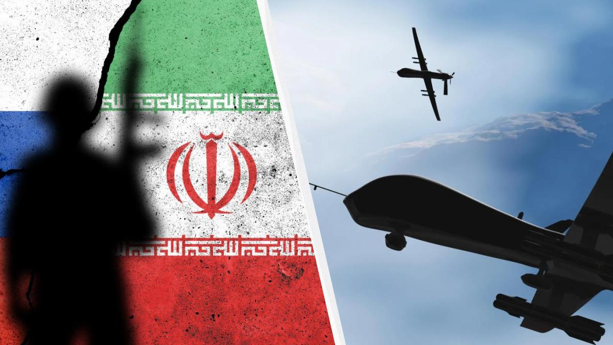 Silhouette of a person with a raised weapon in front of an Iranian flag, with military planes in the blue sky on the right.