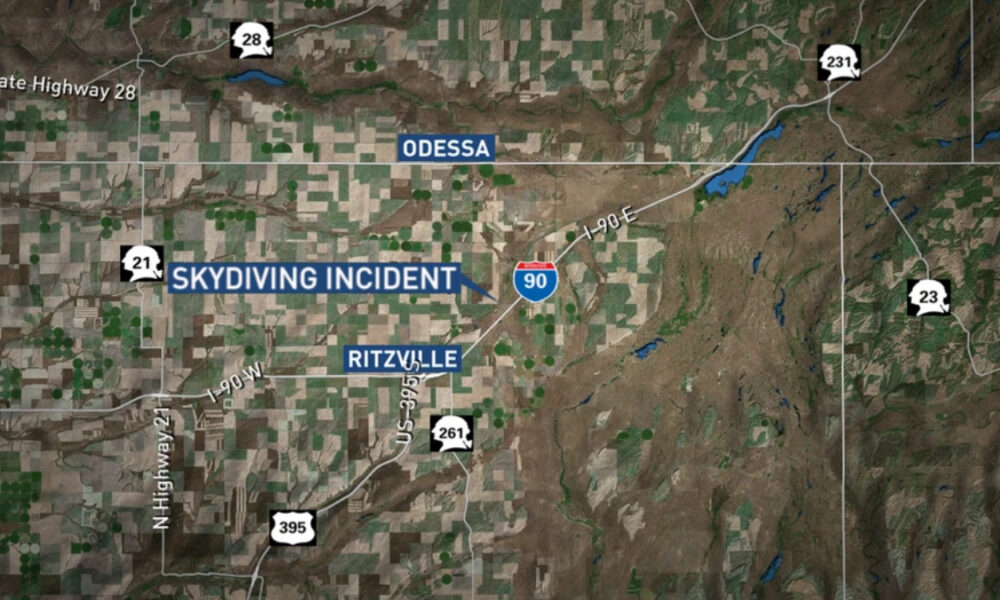Map showing a skydiving incident location near Ritzville, along Interstate 90 east of Odessa, with highway markers and labeled towns.