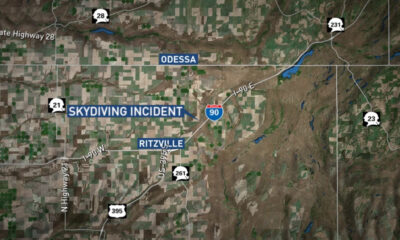 Map showing a skydiving incident location near Ritzville, along Interstate 90 east of Odessa, with highway markers and labeled towns.