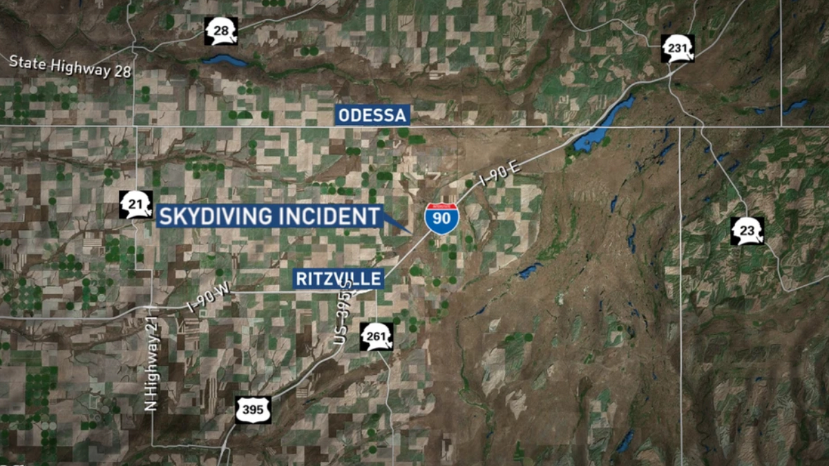 Map showing a skydiving incident location near Ritzville, along Interstate 90 east of Odessa, with highway markers and labeled towns.
