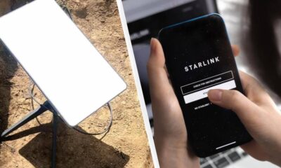 Left: a white rectangular outdoor device on a tripod set in dirt. Right: a hand holding a smartphone showing the Starlink app screen.