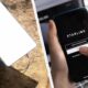 Left: a white rectangular outdoor device on a tripod set in dirt. Right: a hand holding a smartphone showing the Starlink app screen.