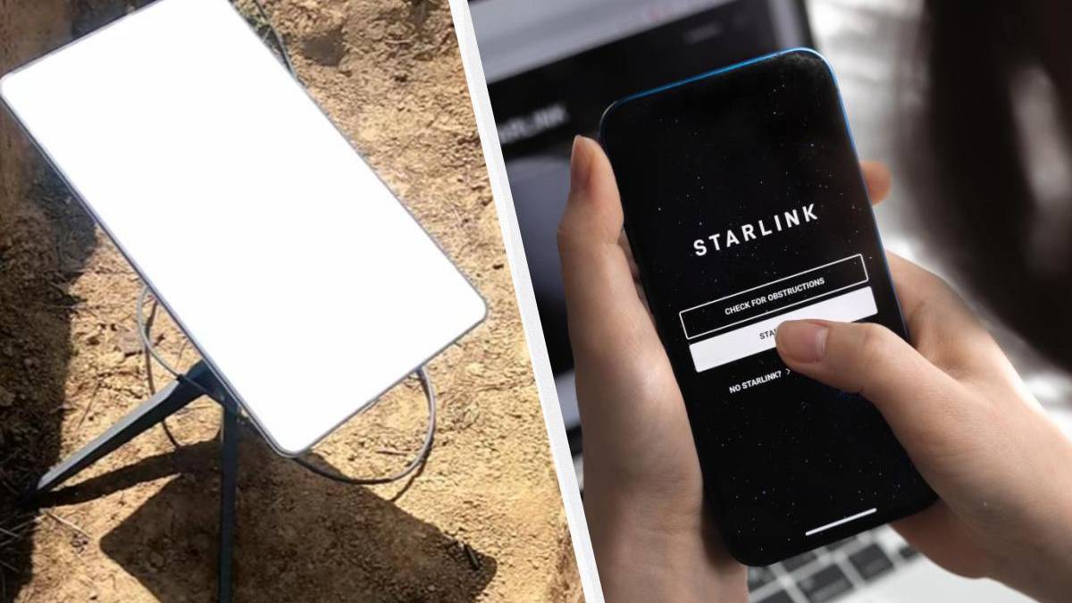 Left: a white rectangular outdoor device on a tripod set in dirt. Right: a hand holding a smartphone showing the Starlink app screen.