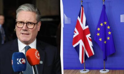 Split image: left shows a man in a suit and glasses speaking to reporters; right shows UK and EU flags in a blue briefing room.