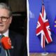 Split image: left shows a man in a suit and glasses speaking to reporters; right shows UK and EU flags in a blue briefing room.