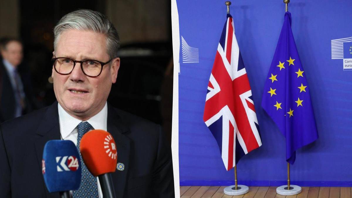 Split image: left shows a man in a suit and glasses speaking to reporters; right shows UK and EU flags in a blue briefing room.