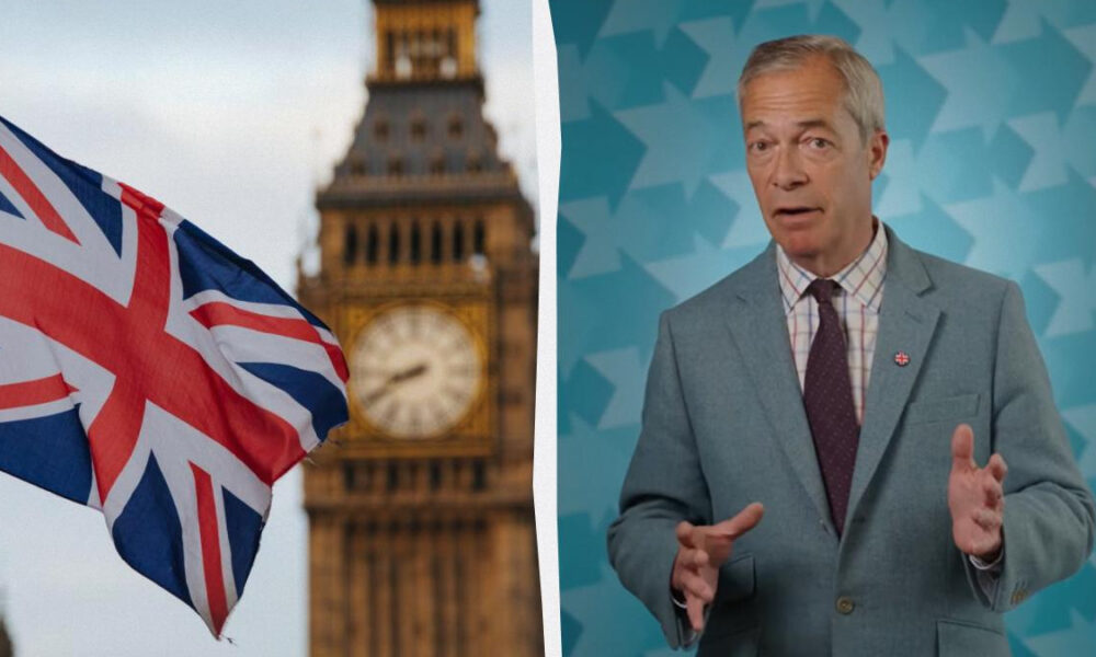 Left: Union Jack flag waving with Big Ben in the background; right: man in a gray suit giving a talk against a blue geometric backdrop.