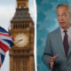 Left: Union Jack flag waving with Big Ben in the background; right: man in a gray suit giving a talk against a blue geometric backdrop.