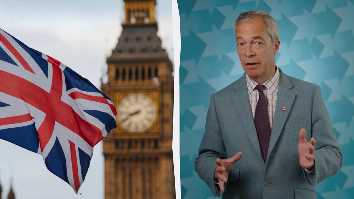 Left: Union Jack flag waving with Big Ben in the background; right: man in a gray suit giving a talk against a blue geometric backdrop.