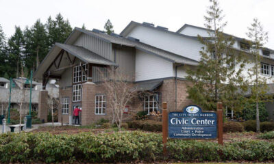 Municipal Civic Center building with stone columns and a blue 'Civic Center' sign in front listing Administration, Court, Police, and Community Development in Gig Harbor.
