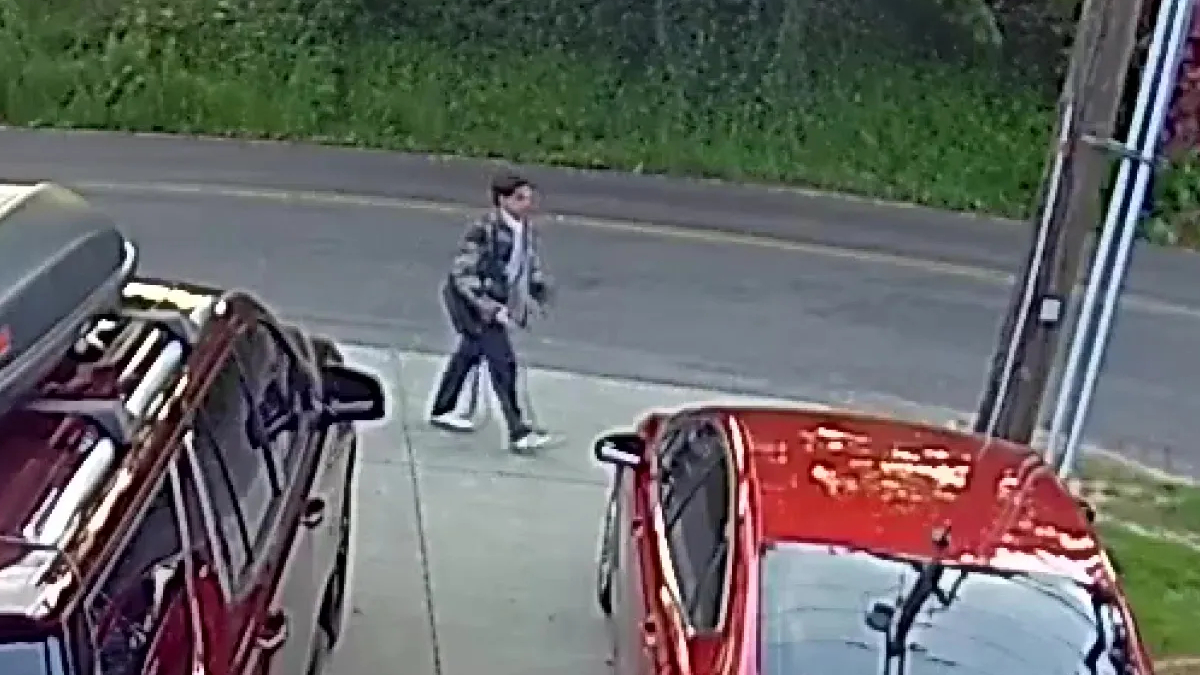 Man in a gray jacket walking on the sidewalk beside parked cars in a lot.