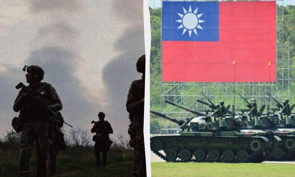 Left: soldiers with rifles walking through a brushy field; right: a line of tanks under a large Taiwan flag.