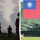 Left: soldiers with rifles walking through a brushy field; right: a line of tanks under a large Taiwan flag.
