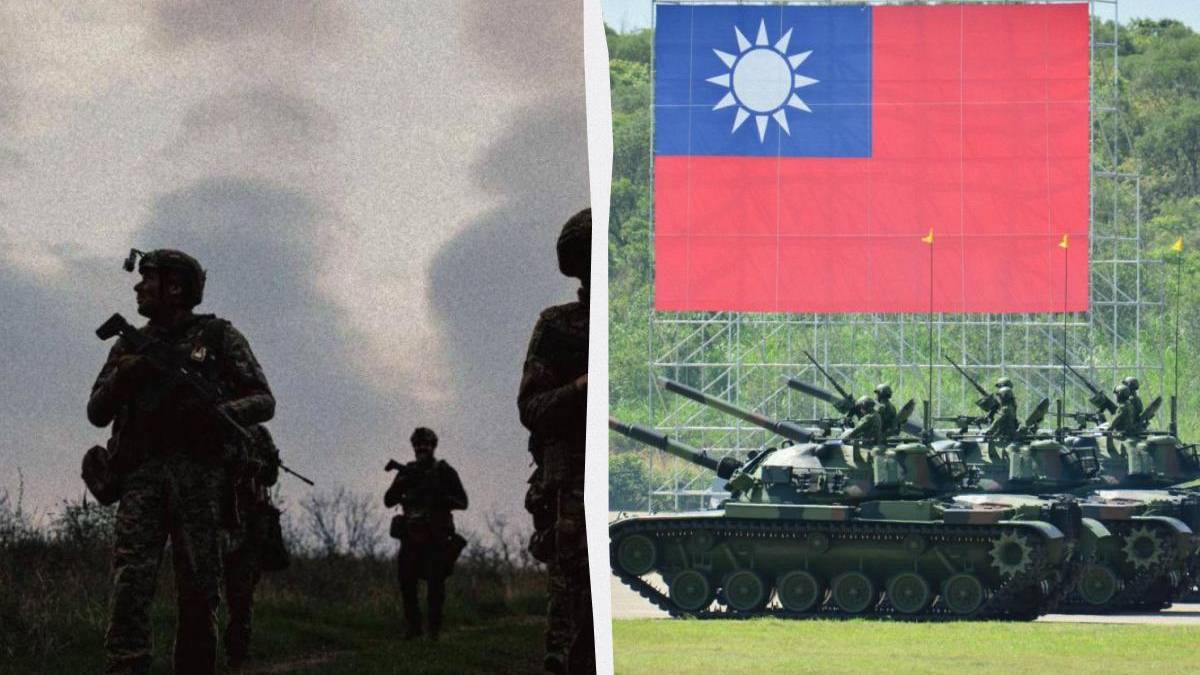 Left: soldiers with rifles walking through a brushy field; right: a line of tanks under a large Taiwan flag.