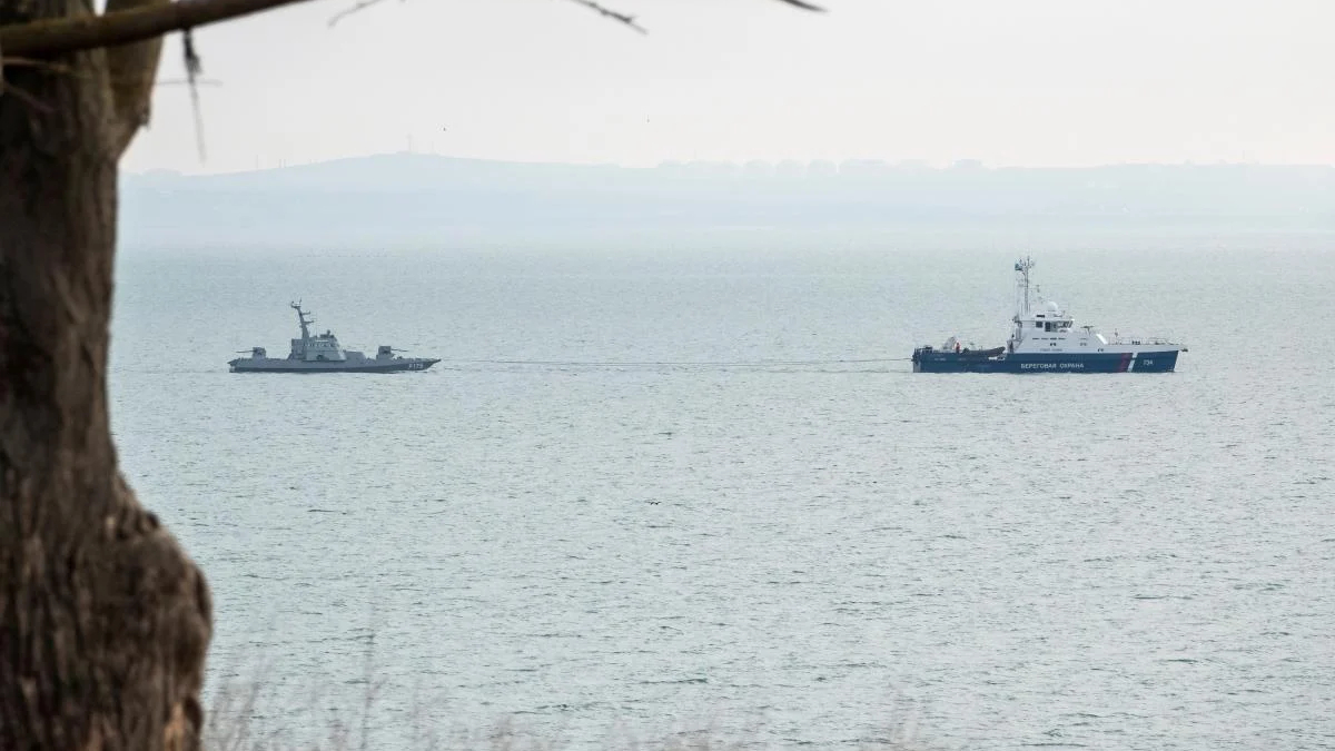 Two ships on calm water seen from shore, a small tug towing a larger vessel in the distance. A tree trunk frames the left edge.
