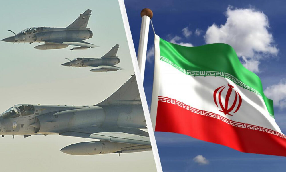 Left shows military fighter jets in flight beside a large aircraft, separated by a diagonal white divider from the waving Iranian flag on the right against a blue sky.