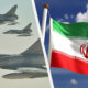 Left shows military fighter jets in flight beside a large aircraft, separated by a diagonal white divider from the waving Iranian flag on the right against a blue sky.