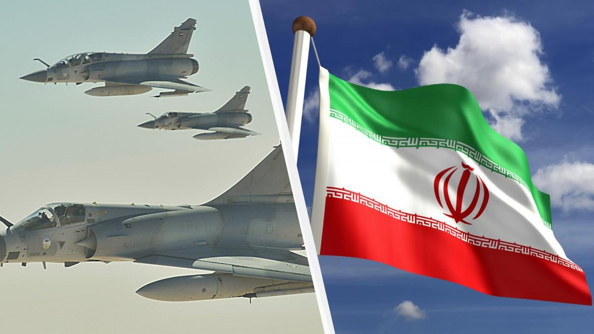 Left shows military fighter jets in flight beside a large aircraft, separated by a diagonal white divider from the waving Iranian flag on the right against a blue sky.
