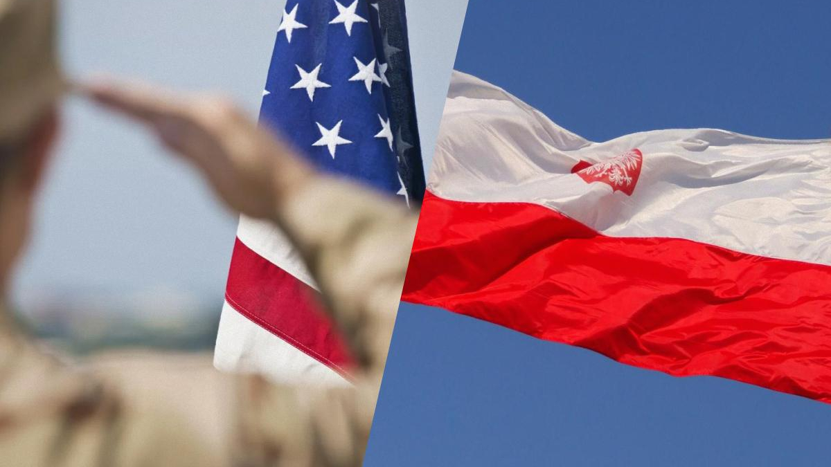 Split image showing the United States flag on the left and the Polish flag on the right against a blue sky.