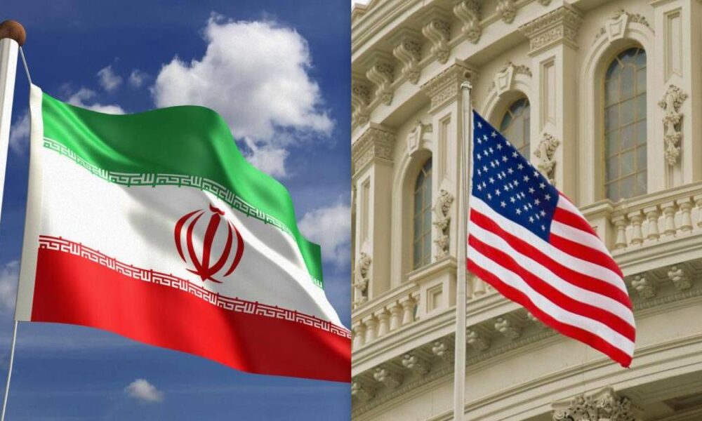 Iranian flag on the left and the U.S. flag on the right, both waving on flagpoles against architectural backgrounds, side-by-side split image.
