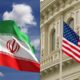 Iranian flag on the left and the U.S. flag on the right, both waving on flagpoles against architectural backgrounds, side-by-side split image.