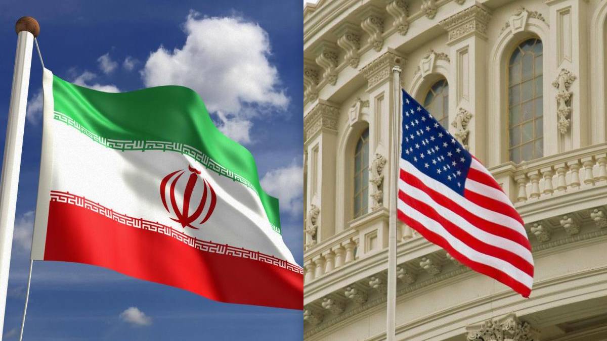 Iranian flag on the left and the U.S. flag on the right, both waving on flagpoles against architectural backgrounds, side-by-side split image.