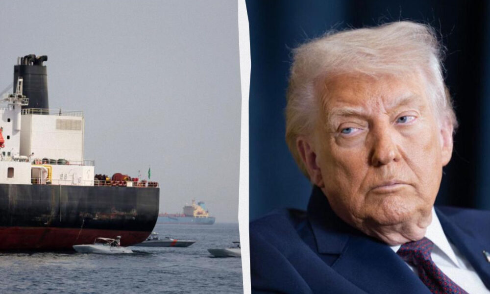 Split image showing a large cargo ship on the left and a close-up of Donald Trump on the right, separated by a vertical divider.