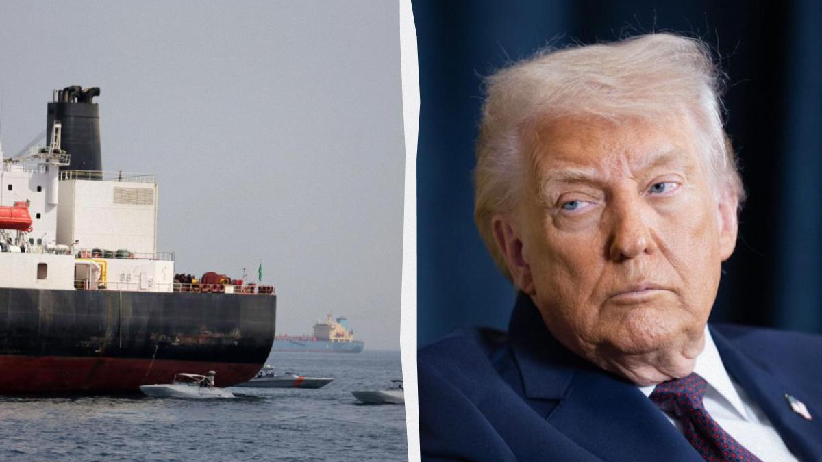 Split image showing a large cargo ship on the left and a close-up of Donald Trump on the right, separated by a vertical divider.