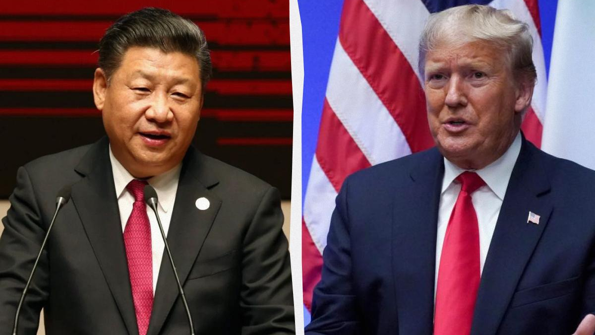 Split image showing Chinese President Xi Jinping speaking at a podium on the left and former U.S. President Donald Trump speaking in front of flags on the right.