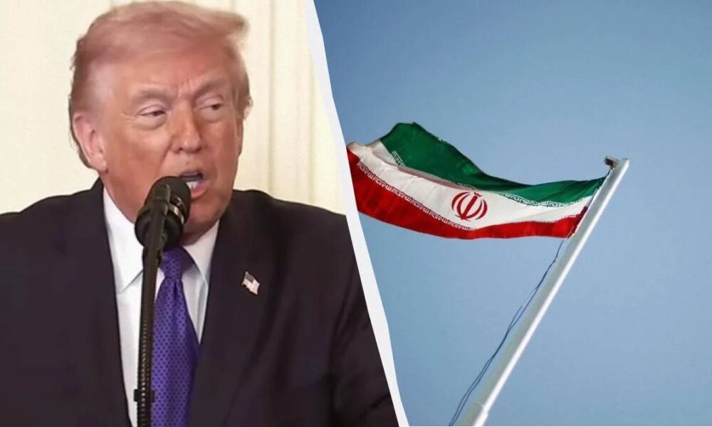 Split image of Donald Trump speaking into a microphone on the left and a waving Iranian flag on the right.
