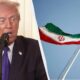 Split image of Donald Trump speaking into a microphone on the left and a waving Iranian flag on the right.