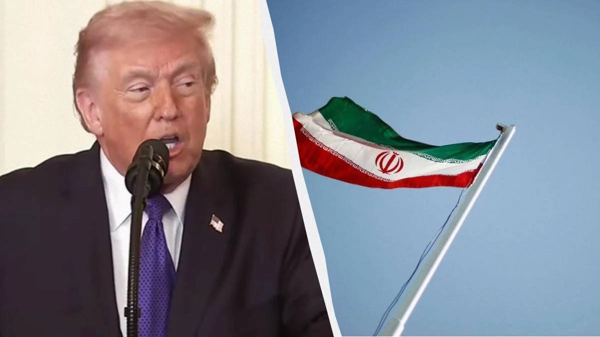 Split image of Donald Trump speaking into a microphone on the left and a waving Iranian flag on the right.
