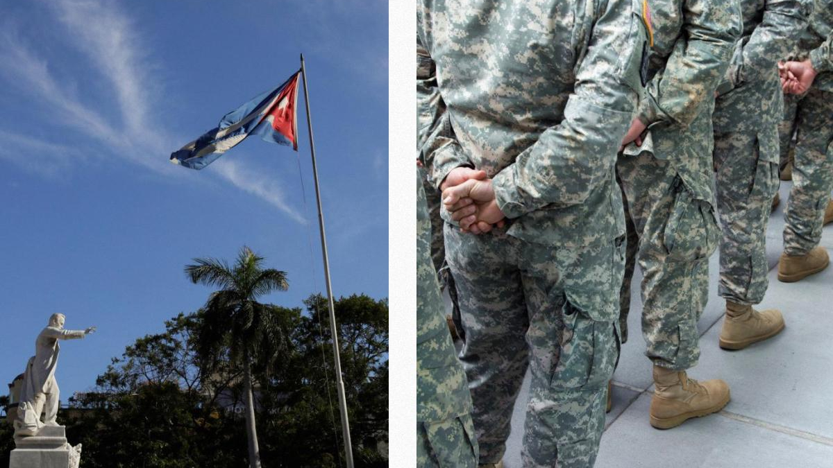 Left: flagpole with a blue and red flag beside a statue against a clear blue sky; Right: soldiers in camouflage uniforms standing in a line with hands behind their backs.