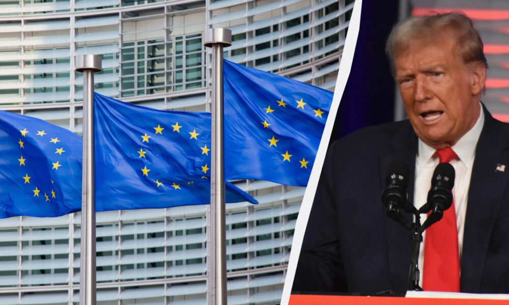 European Union flags in front of a modern glass building, with a diagonal divider revealing a Donald Trump speaking at a podium