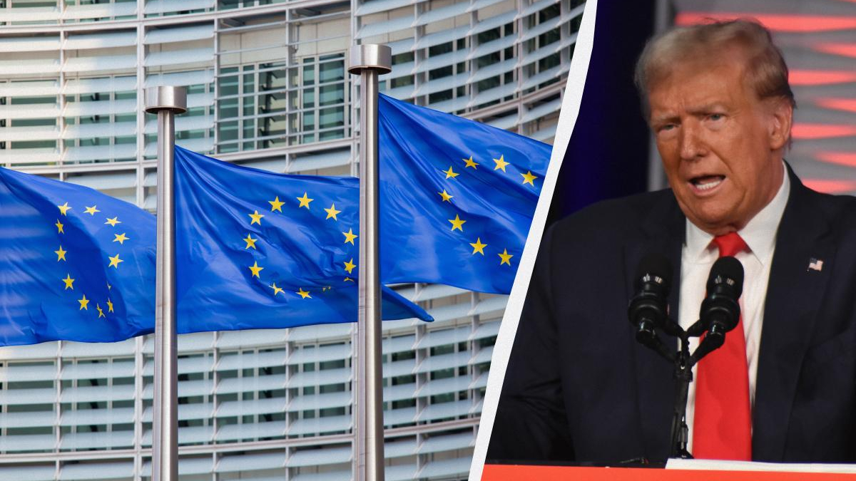 European Union flags in front of a modern glass building, with a diagonal divider revealing a Donald Trump speaking at a podium