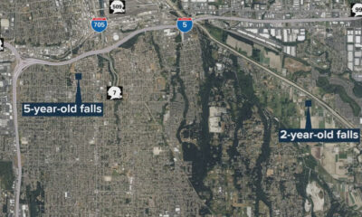 Aerial map with two labeled points: '5-year-old falls' on the left and '2-year-old falls' on the right, indicating incident locations by age group, near highways I-705 and I-5.