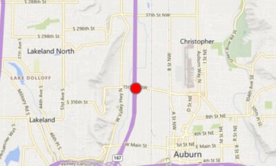 Red location pin on a north-south highway (purple line) on a city map near Lakeland North and Auburn, WA.