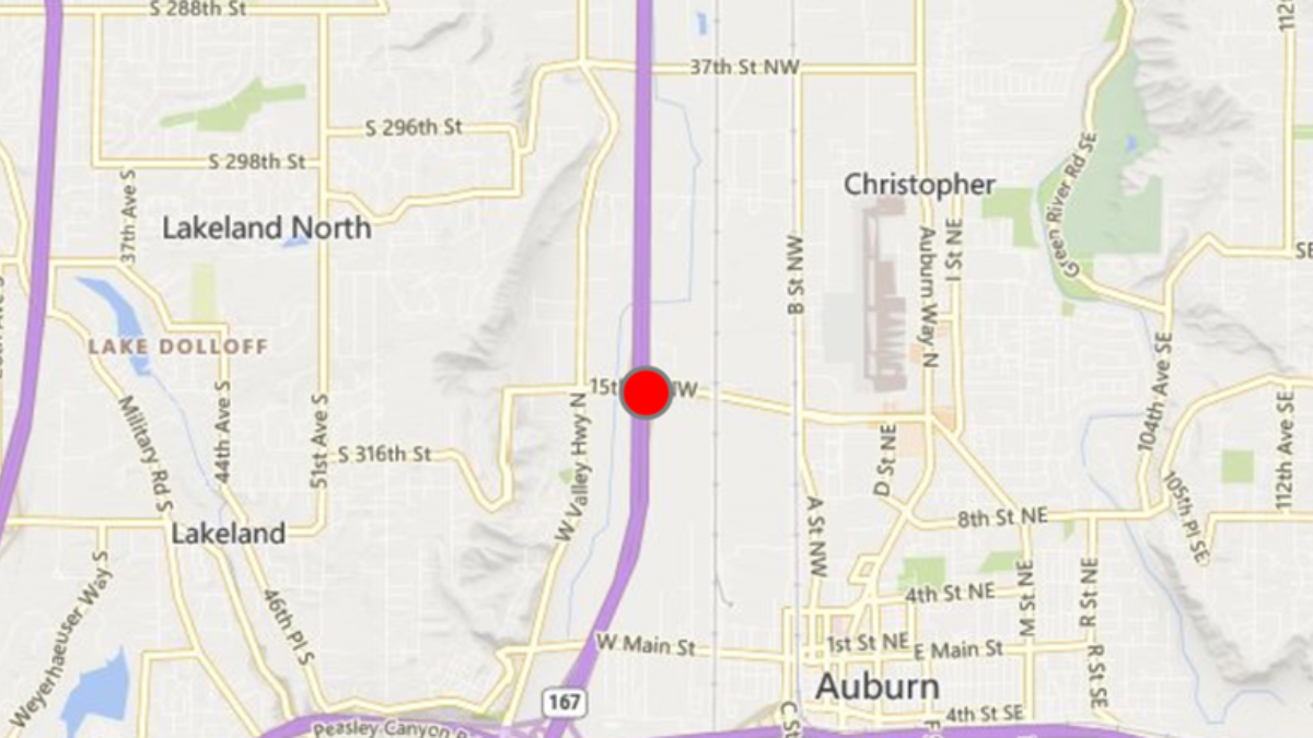 Red location pin on a north-south highway (purple line) on a city map near Lakeland North and Auburn, WA.