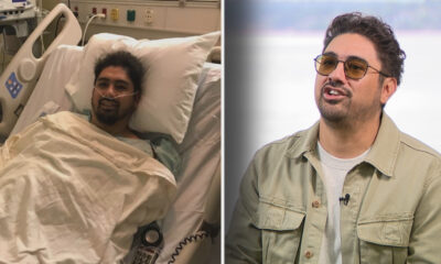 Man in a hospital bed with nasal oxygen, covered by a blanket, medical equipment nearby (left panel).
