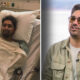 Man in a hospital bed with nasal oxygen, covered by a blanket, medical equipment nearby (left panel).