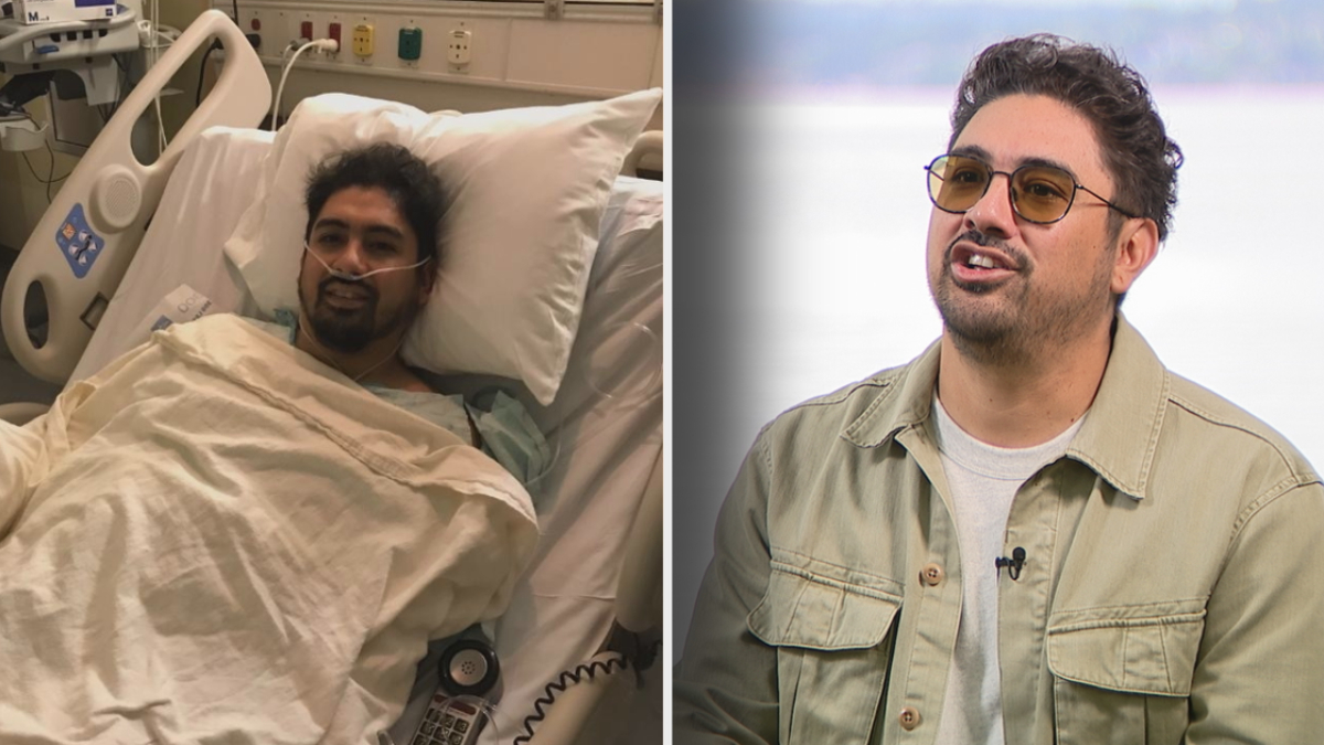 Man in a hospital bed with nasal oxygen, covered by a blanket, medical equipment nearby (left panel).