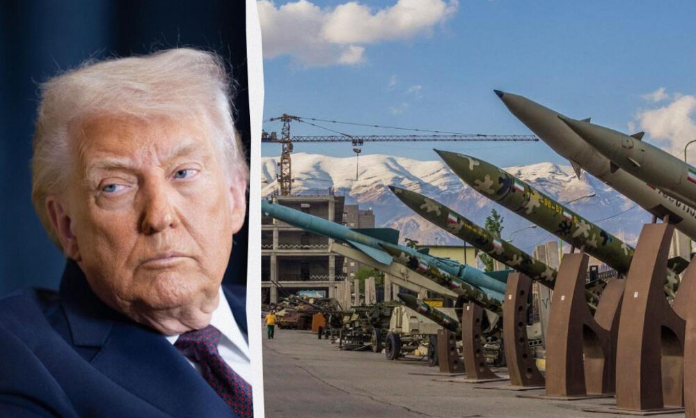 Split image: a man in a suit on the left and a row of missiles on launch rails in a yard with mountains in the distance.