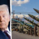 Split image: a man in a suit on the left and a row of missiles on launch rails in a yard with mountains in the distance.